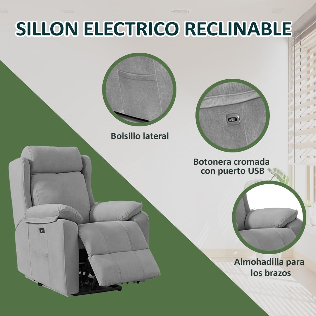 Genérico Sillon Relax Reclinable Electrico, Gravedad Cero | Desenfundable, Botonera Cromada con Puerto USB | Madera de Pino | Sillones Reclinables | Relax | Silla Sofa | Electrico Moderno | Gris