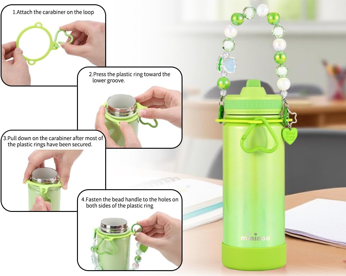 Mininoo Kids Water Bottle for School - 16 oz Stainless Steel Insulated Water Bottle with Ceramic-Lined, Leakproof Straw Lid & Beaded Handle for Girls & Boys - Image 7