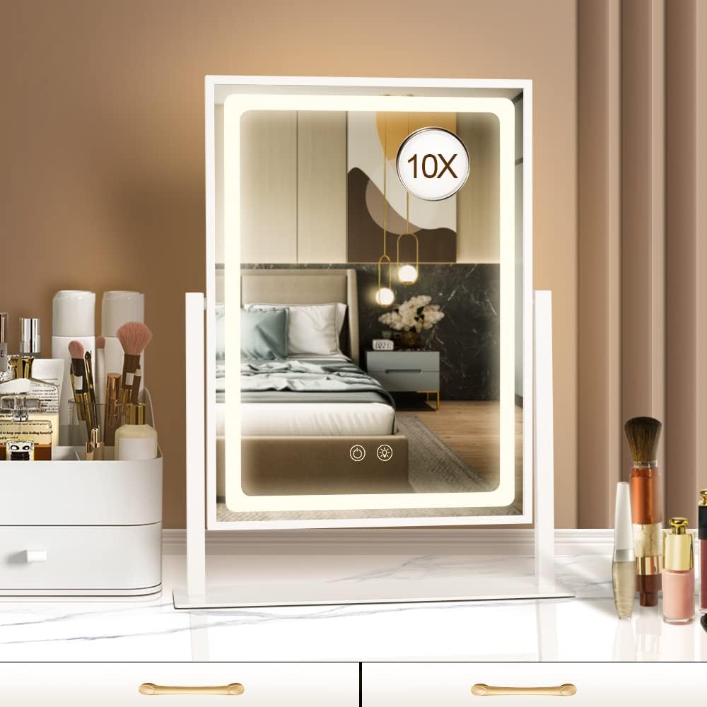 Vanity Mirror with Lights - 13.78"× 10.23" Adjustable Lighted Makeup Mirror for Desk, Detachable 10X Magnification Mirror, Touch Sensor, Desk Mirror for Bedroom & Dressing Room (White)