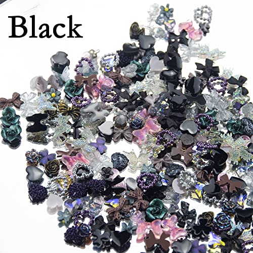 300Pcs Assorted Black Nail Charms Multi Shapes Black Heart Flower Butterfly Bowknot 3D Nail Charms Acrylic Flatback Nail Art Rhinestones Charms For Manicure Diy Crafts Jewelry Accessories #TOP2