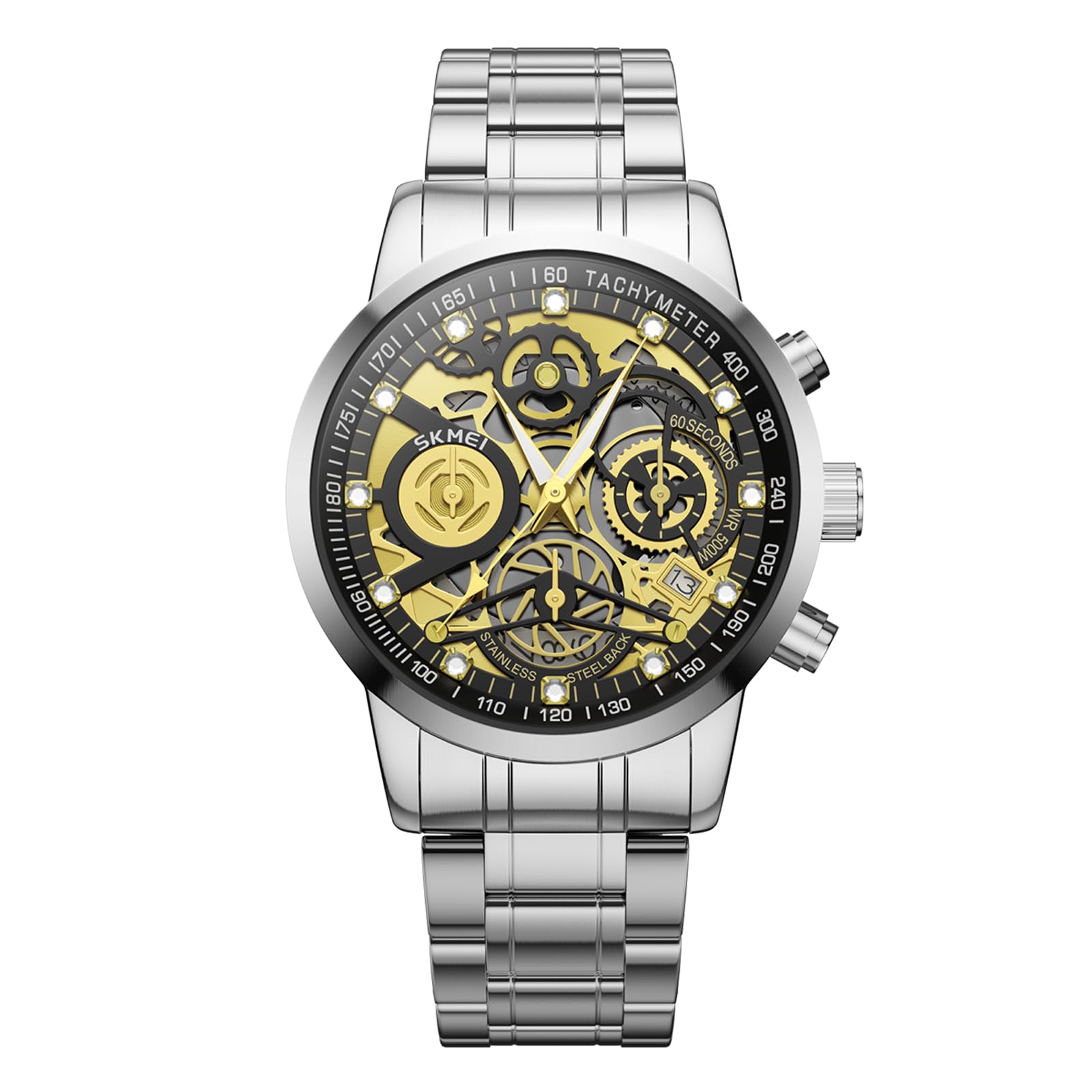 SKMEIMens Watches, Upgraded Gear Design Mens Skeleton Watch, Chronograph Luxury Diamond Dress Business Analog Quartz Wrist Watches for Men, 100fts Waterproof Luminous Moon Phase, Unique Gift for Mens