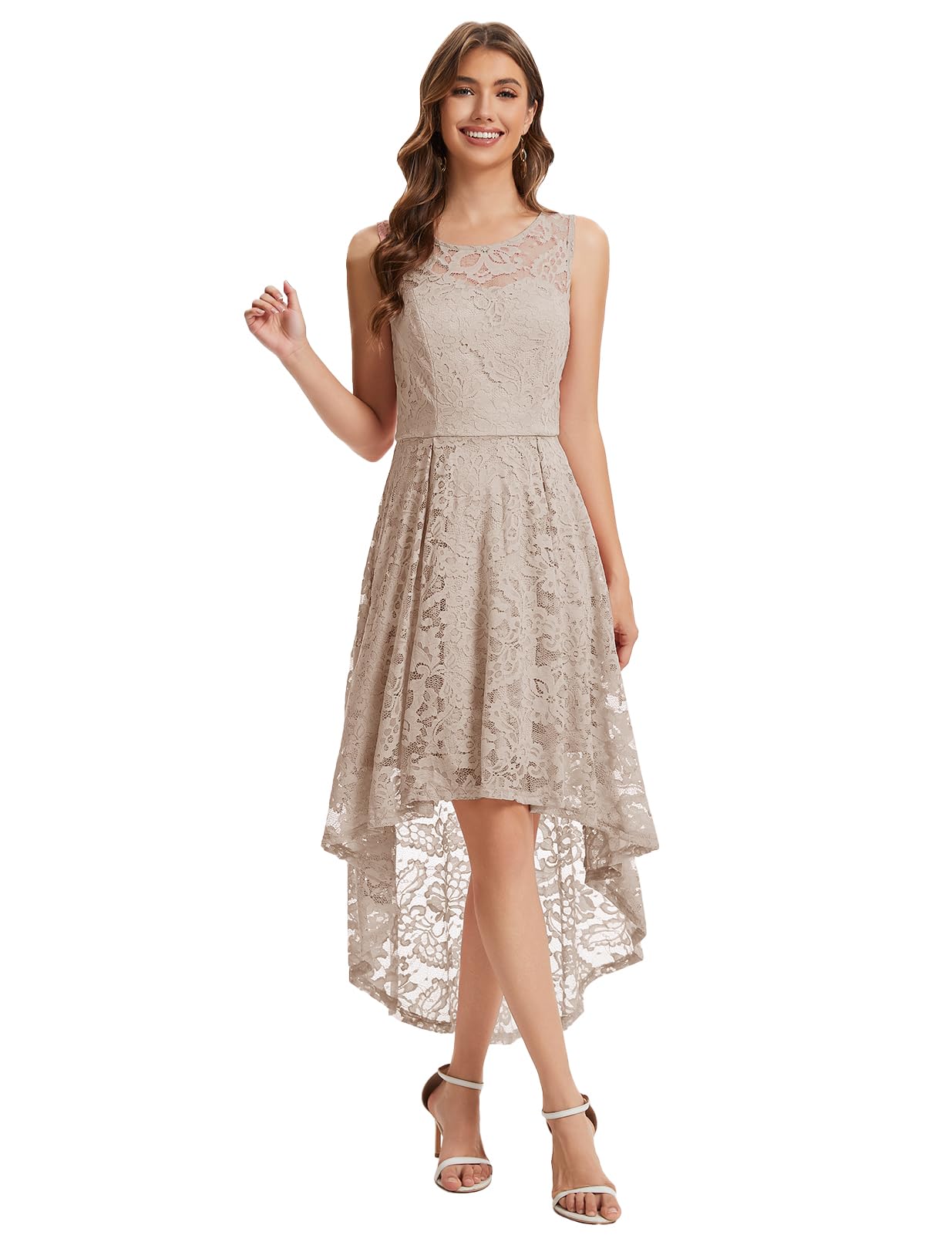 MUADRESS Women's Elegant Floral Lace Dress Sleeveless Crew Neck Hi-Lo Cocktail Dress for Evening Party