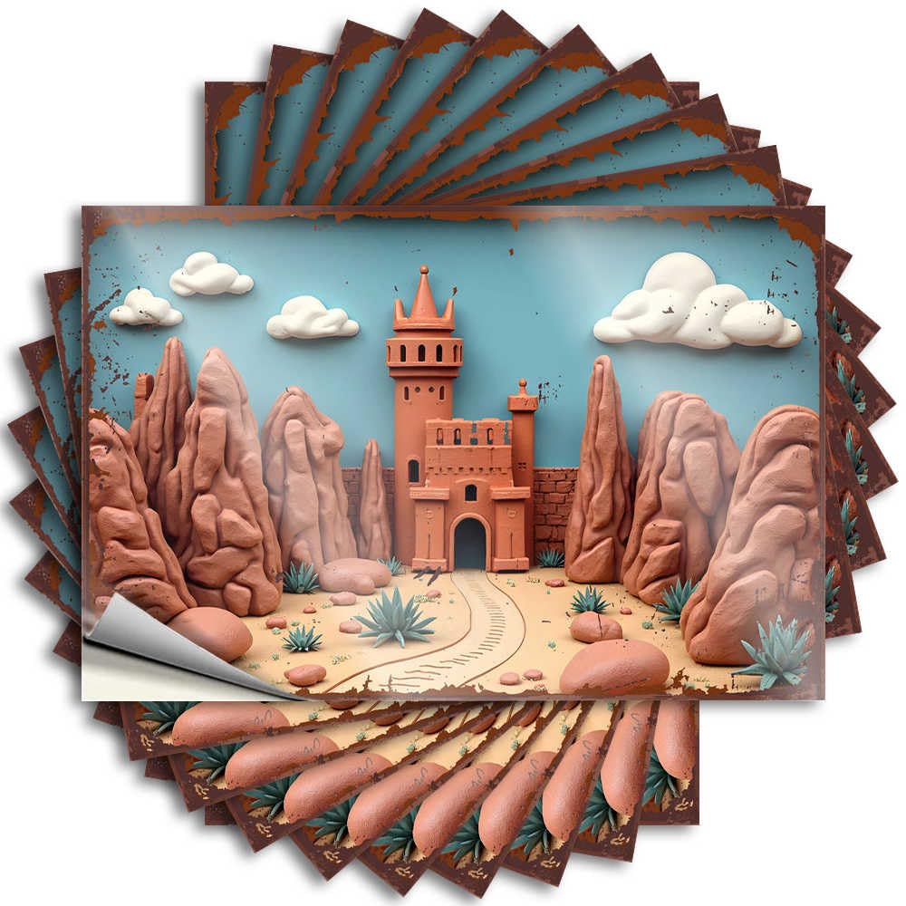 Fzfn Colour Fall Decor Outdoor Decals - Aesthetic Drinking Water Desert Castle With Cacti And Rocky Mountains(12X18cm)