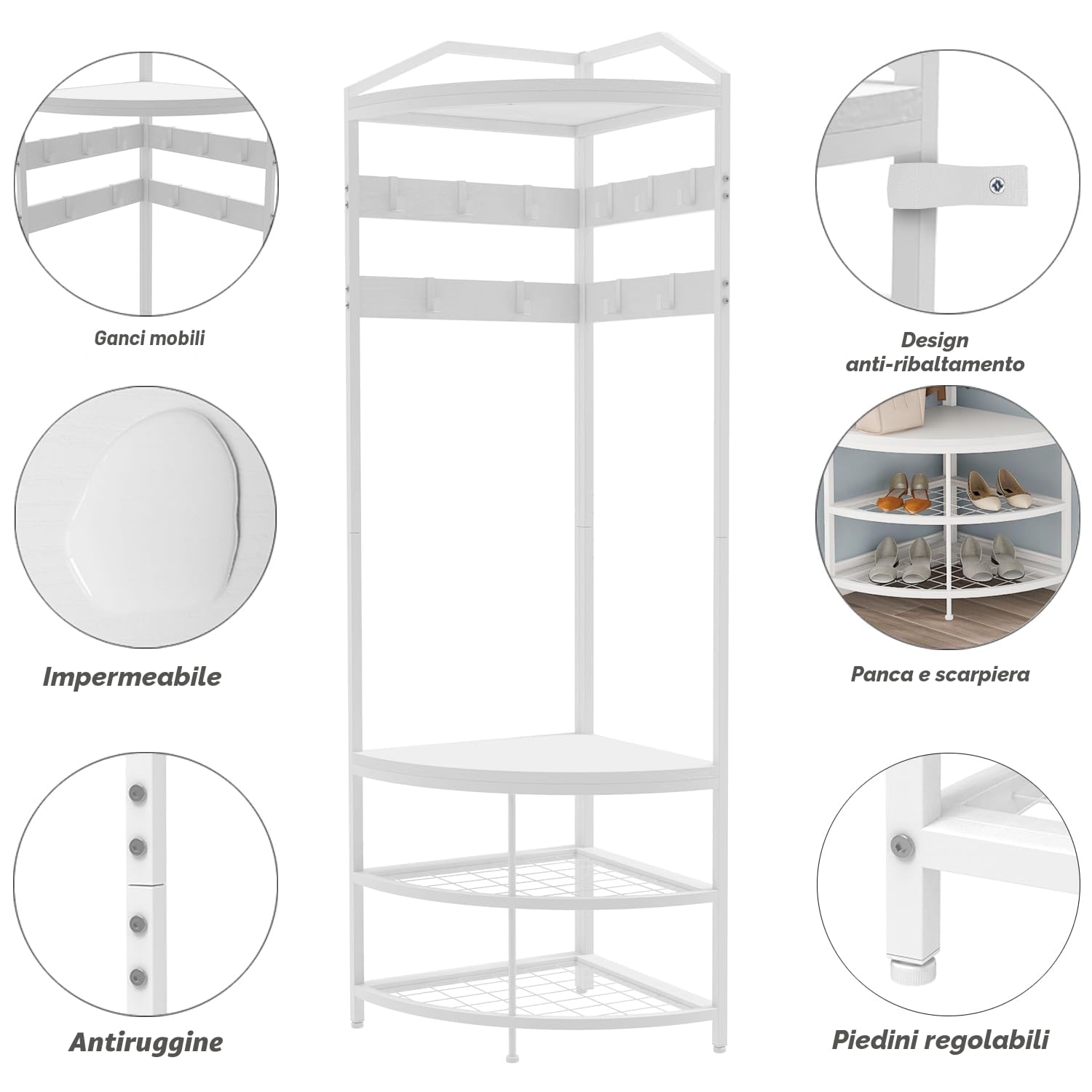 VEDECASA Appendiabiti ad angolo a forma di albero 3-in-1, appendiabiti ad angolo autoportante con 5 livelli (bianco)