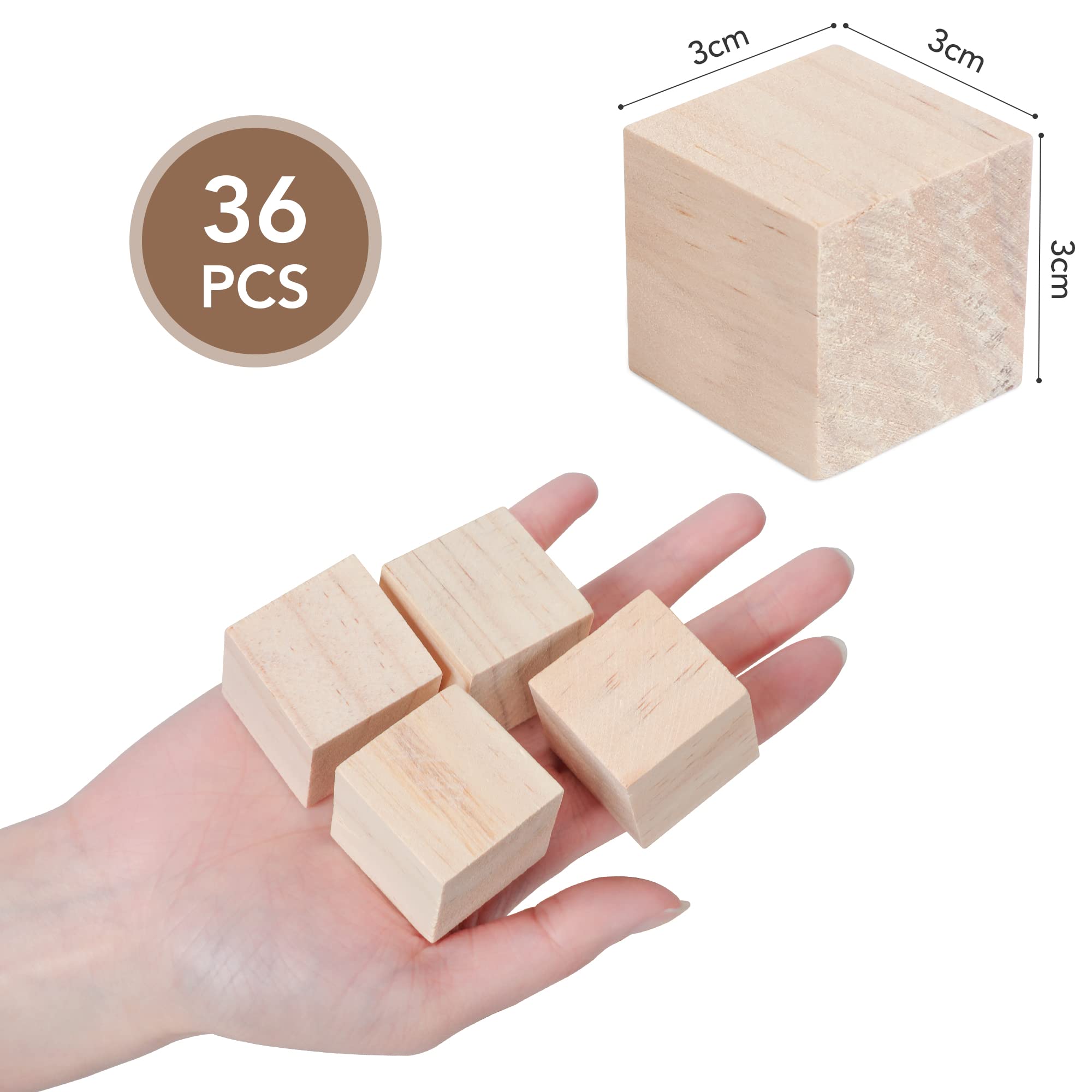 SOSMAR 35 pezzi 30 x 30 x 30 mm cubi in legno da 3 cm per fai da te, blocchi di legno naturale per dipingere, decorazioni in legno, fai da te, ecc