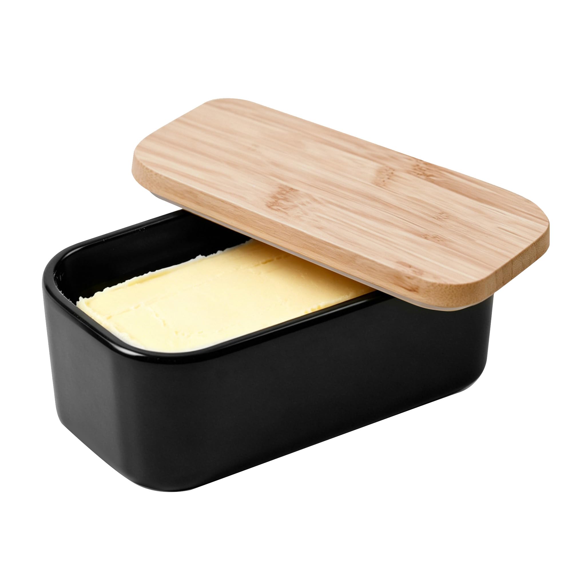 Butter Dish Ceramics Butter Keeper Container with Lid & Seal Ring, Multifunctional Airtight Food Storage Box for Butter Food Storage 16.5 * 9.5 * 7cm (Black)