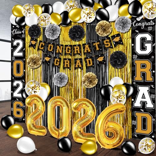 Image of Graduation Party Decorations Class of 2026, Graduation Decorations with Congrats Grad Banner Fringe Foil Curtain Paper Flower Ball Balloon for High School College Graduation Party Supplies, Black Gold