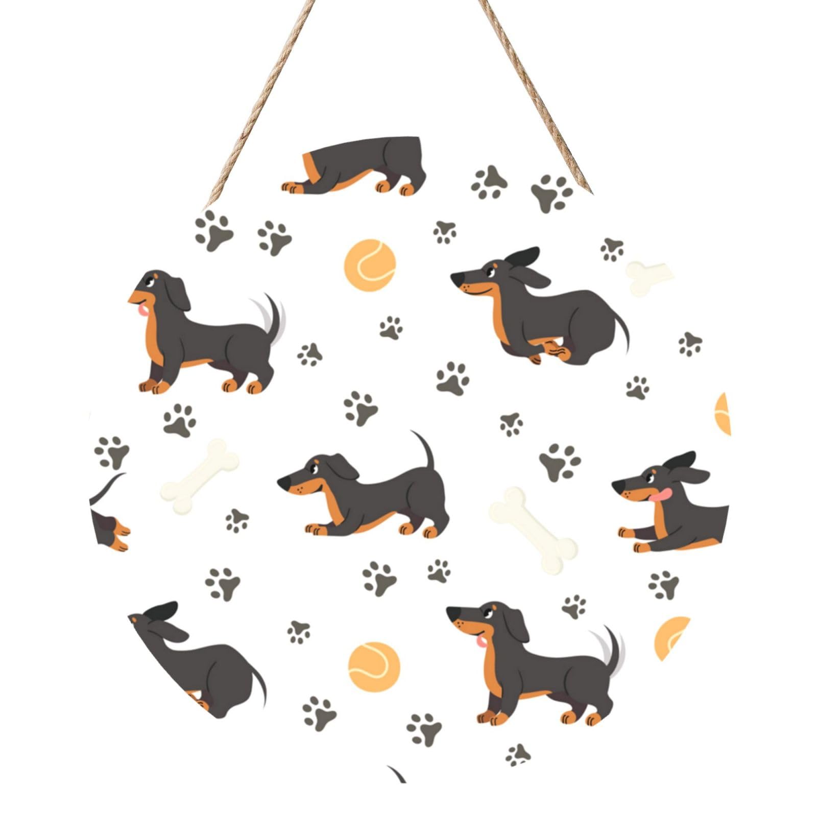 InOmak Dachshund Seamless Pattern Adorable Pets Funny, Round Wood Panel Painting 12 in, Wall Hanging Painting For Home