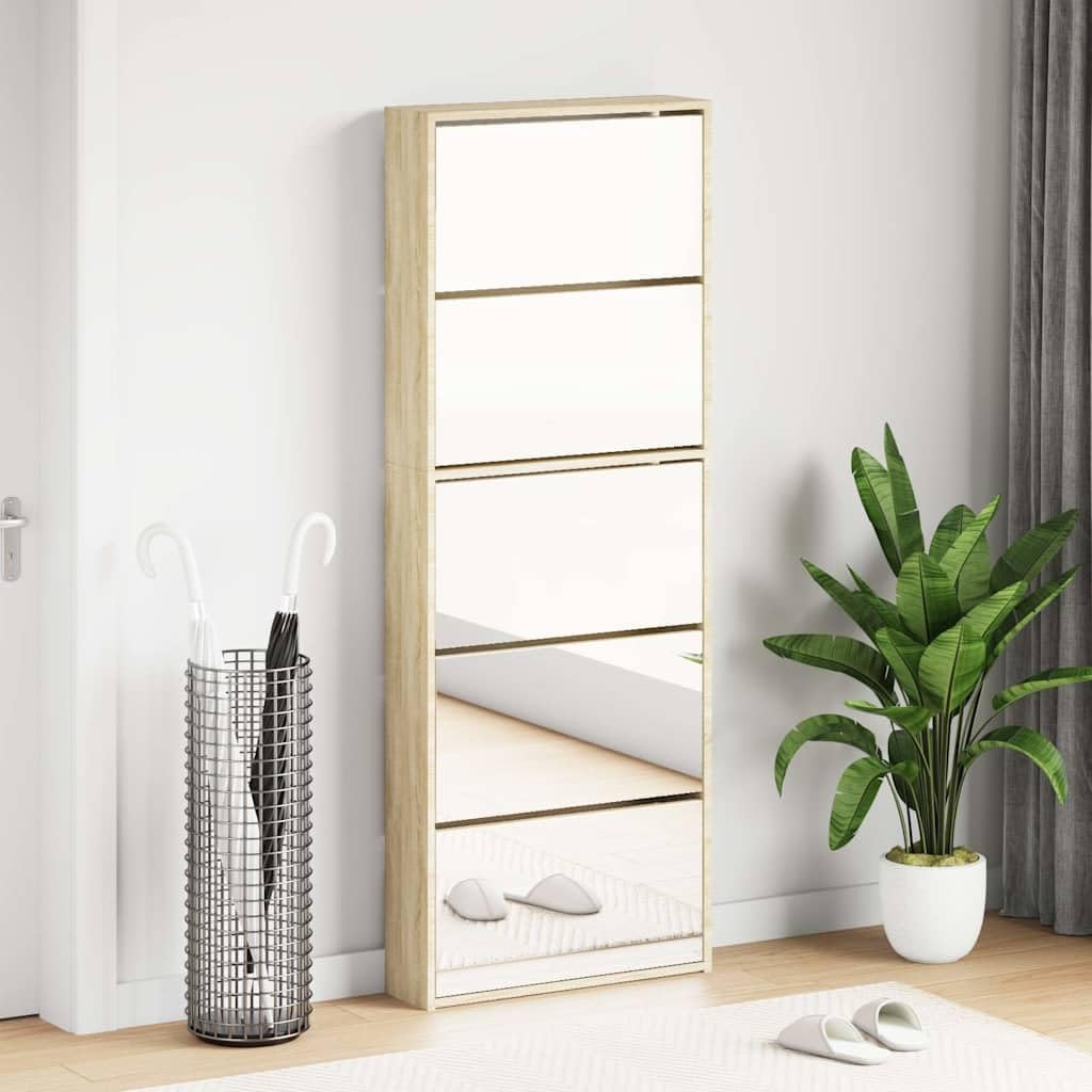 Armario zapatero con espejo moderno con 5 compartimentos plegables, 63 x 17 x 169,5 cm, montaje en pared, para 3-4 pares de zapatos por compartimento, almacenamiento elegante para el pasillo