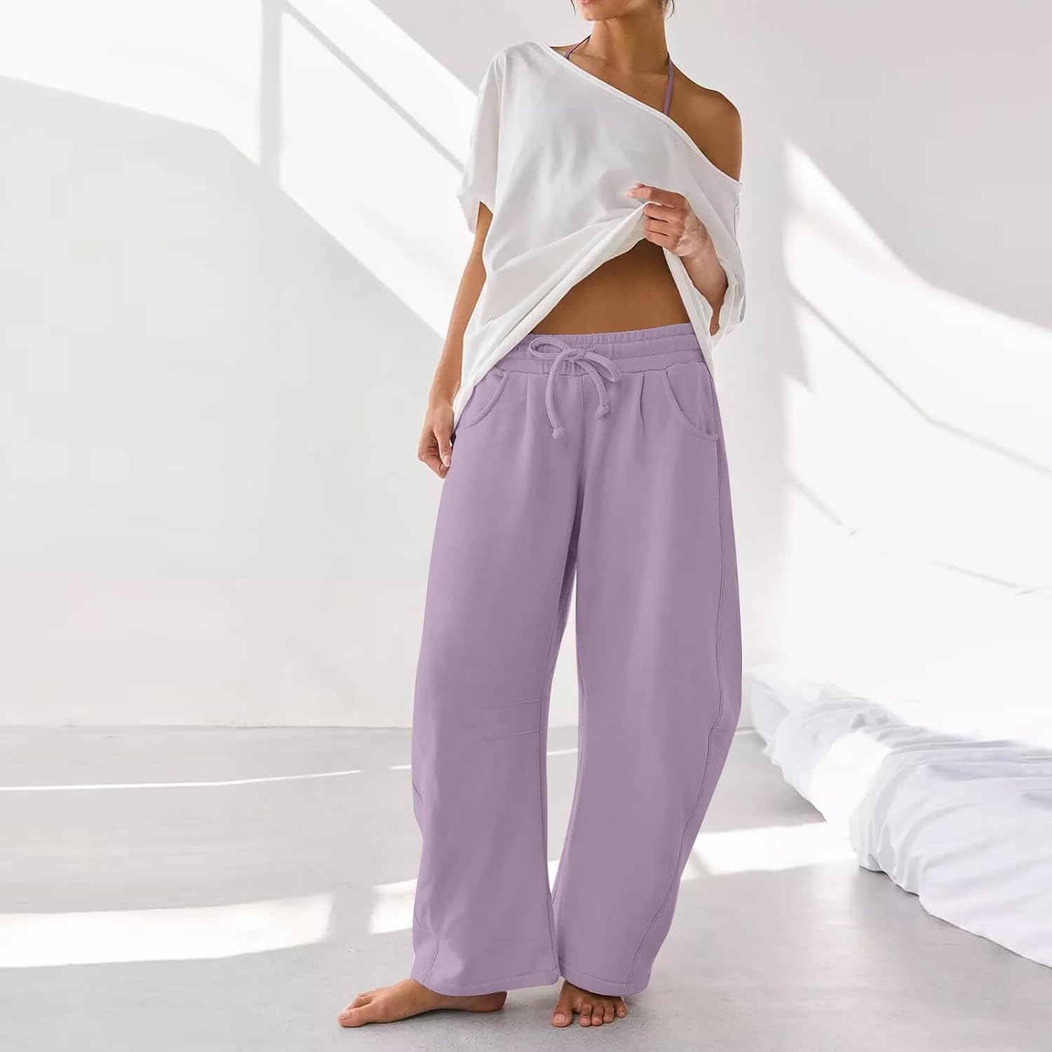 FQZWONG Women's Barrel Leg Sweatpant Casual Drawstring Elastic Waisted Wide Leg Pants Casual Palazzo Trousers with Pockets