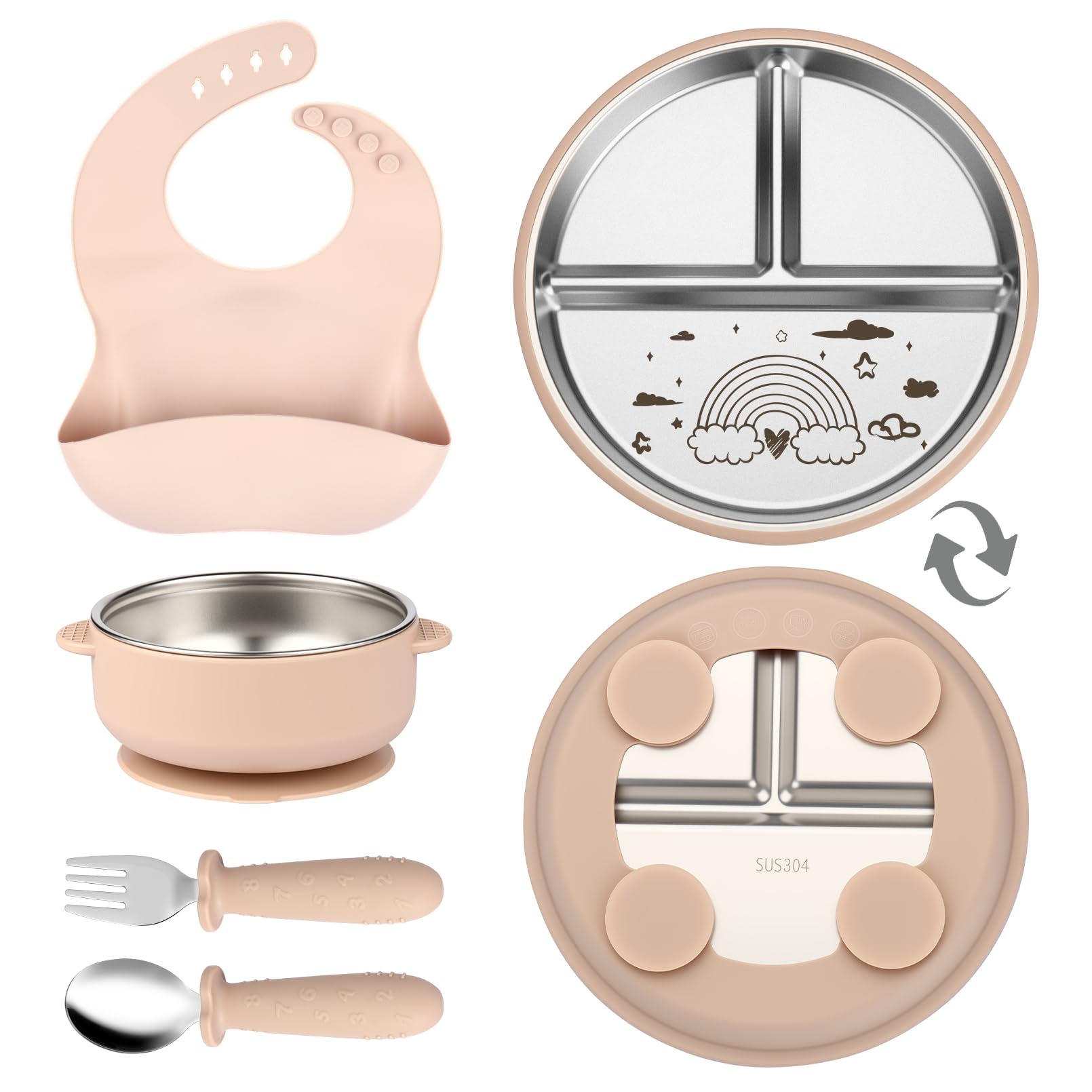 OXYEFEI Edelstahl Teller Baby,Kindergeschirr Set mit Tiermotiven Baby Teller mit Saugnapf Geburtstagsgeschenke für Babys, Taufgeschenke (Beige, Regenbogen)