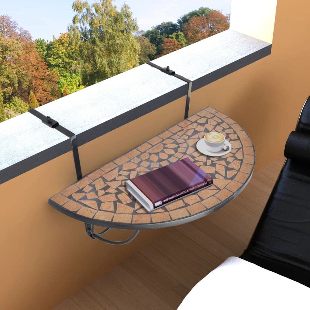 Balkonhängetisch Mosaik Terracotta mit Halbrunder Keramikplatte und stabilem Eisenrahmen, klappbar und platzsparend, Balkontisch für Geländer bis 18 cm, ideal als Gartentisch, Beistelltisch