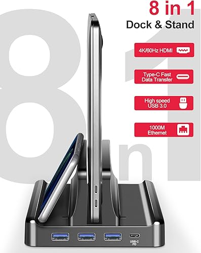 Miniatura 3 de Vaydeer Soporte vertical ajustable de plástico para laptop con soporte USB para computadora de escritorio, estación de base 3 en 1 que ahorra