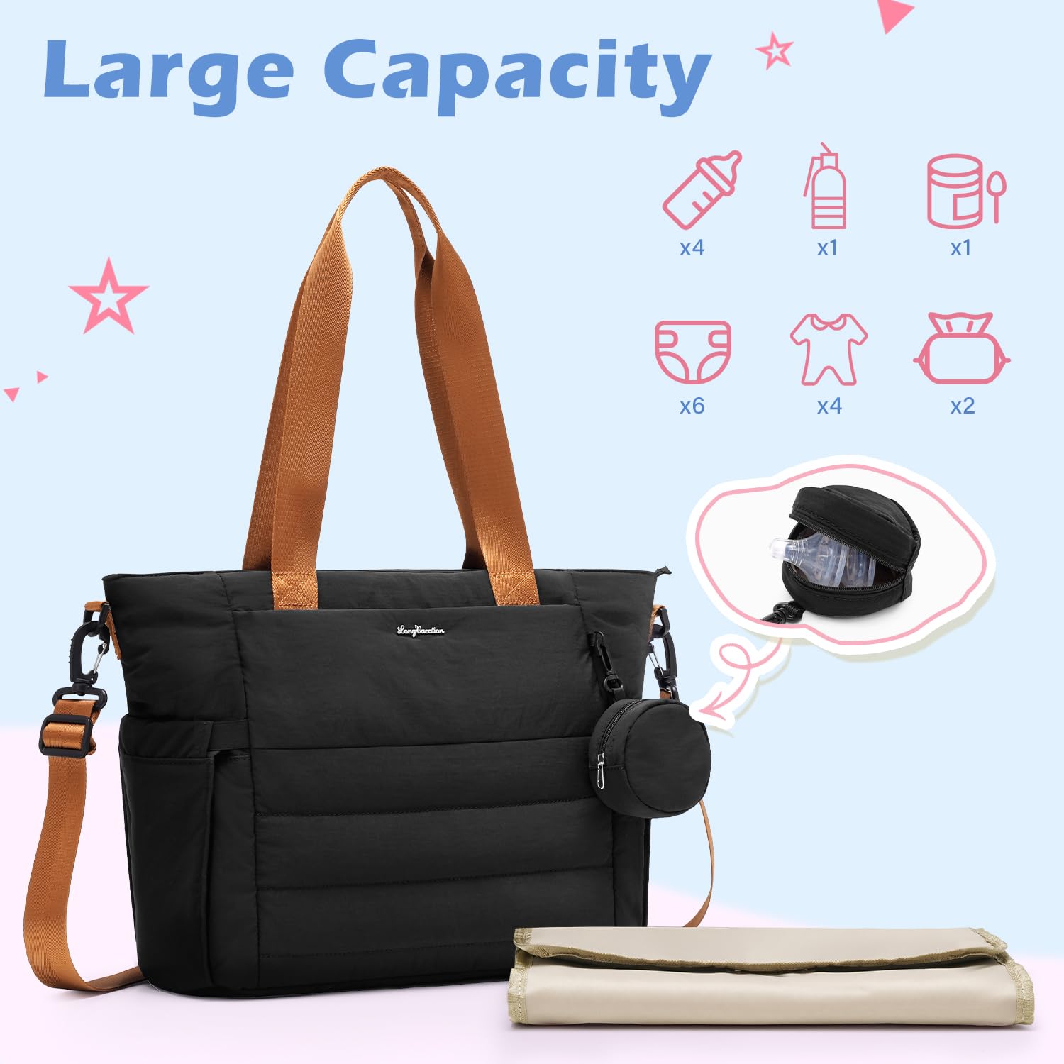 LONG VACATION Diaper Bag Large Baby Diaper Tote Waterproof Travel Tote with Pacifier Case And Changing Pad (Black-brown)