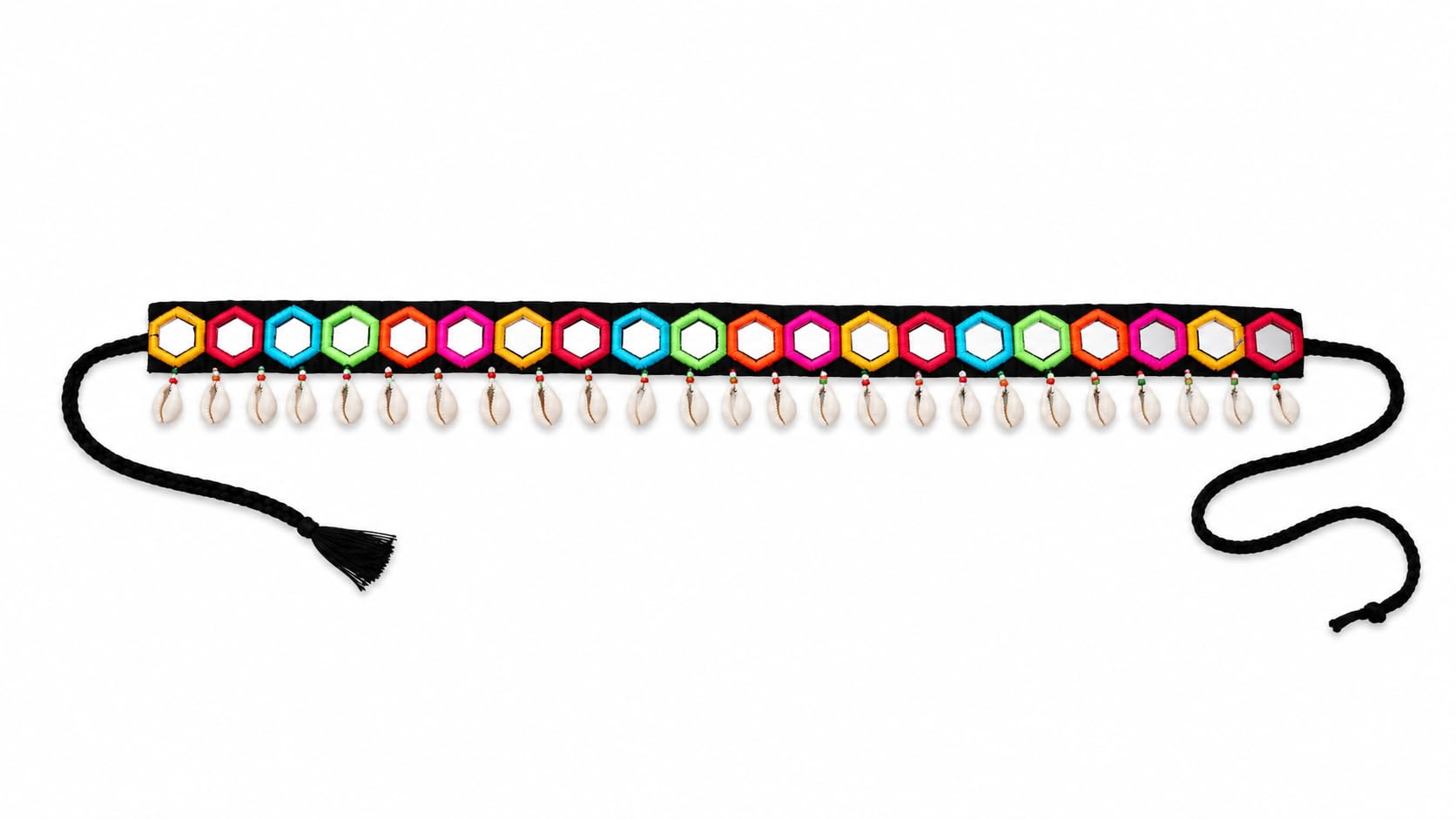 Traditional Navratri Mirror Work Kamarband for Women & Girls | Multicolor Handmade Black Waist Belt with Cowrie Shells | Adjustable Dori | Garba Dandiya Lehenga Saree Accessory-picture-16