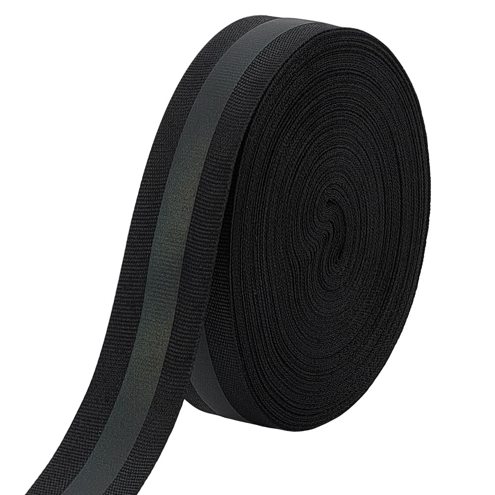 BENECREAT 22.86m x 25mm/75Ft x 1 Inch Reflective Ribbon Sew On Tape, High Visibility Polyester Black Warning Safety Webbing for Vest Belt Jacket Bag Pants Shoes Pet Wears