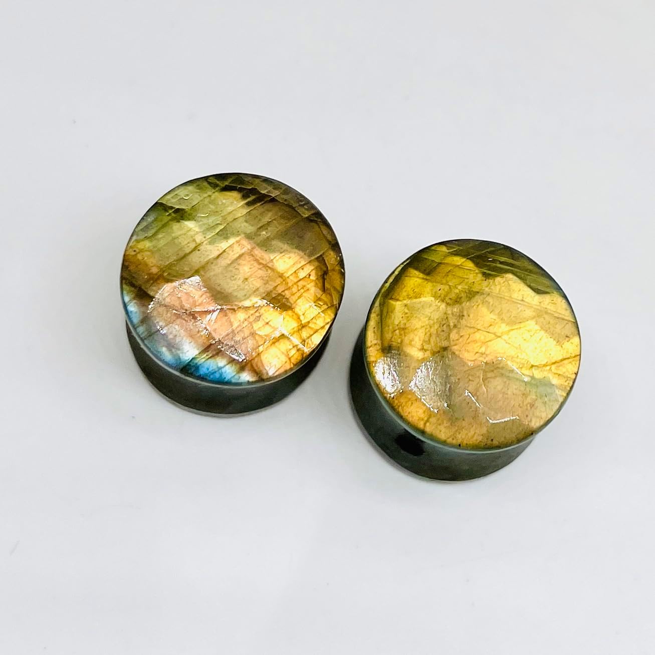 Natural Yellow Flash Labradorite Gemstone Double Flared Faceted Ear Plugs | Handmade Body Piercing Jewelry | Polished Stone Gauges for Stretched Ears