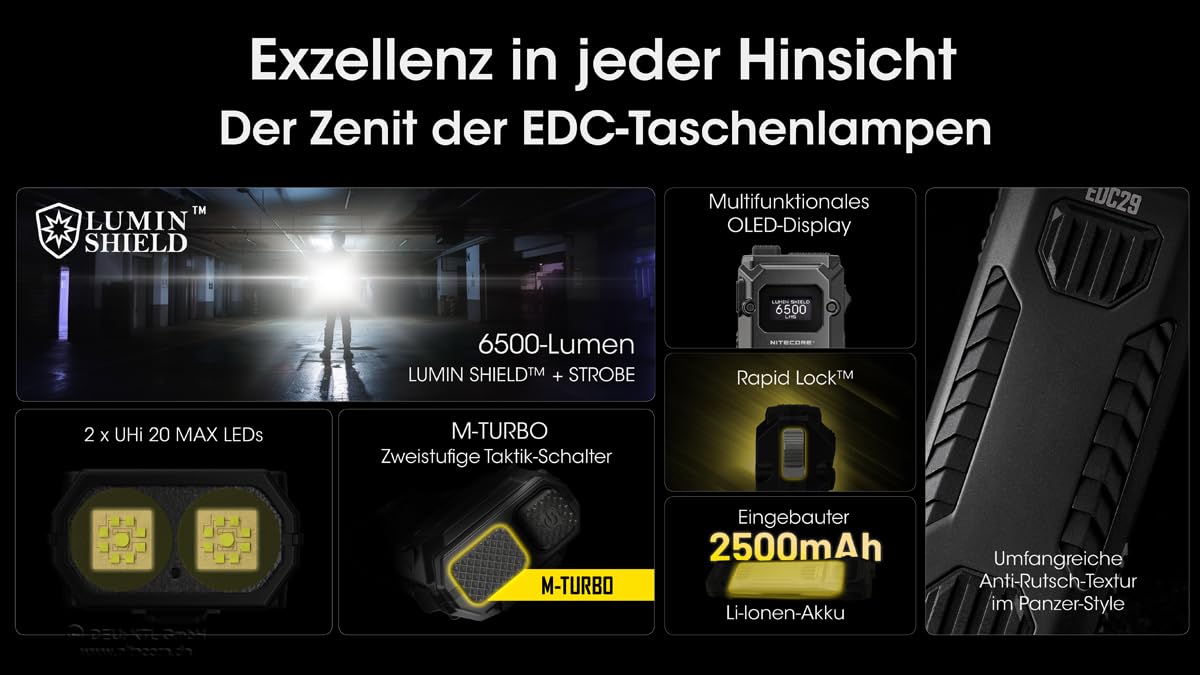 Nitecore EDC29 Luminblade Taktische Taschenlampe, USB Wiederaufladbare LED Taschenlampe, Extrem Hell 6500 Lumen, Bis zu 61 Stunden Laufzeit, Schwarz