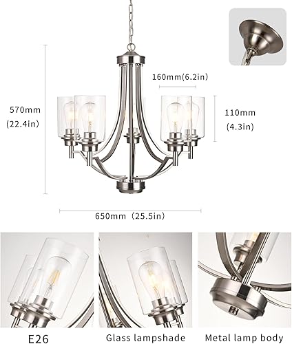 Miniatura 2 de BOZO Candelabro de cristal de 5 luces de níquel cepillado, accesorios de iluminación modernos para comedor, colgante de iluminación colgante, luces