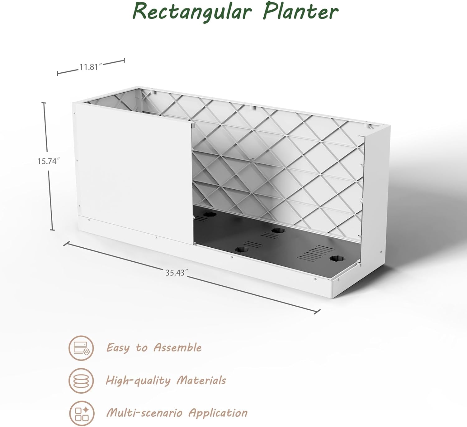 bellacat 35.4" L X 11.8" W X 15.7" H Rectangular Planter Box with Drainage Holes & Water Level Indicator, Plastic Large Planter for Outdoor Patio Balcony Deck, Rectangle Privacy Planter, White