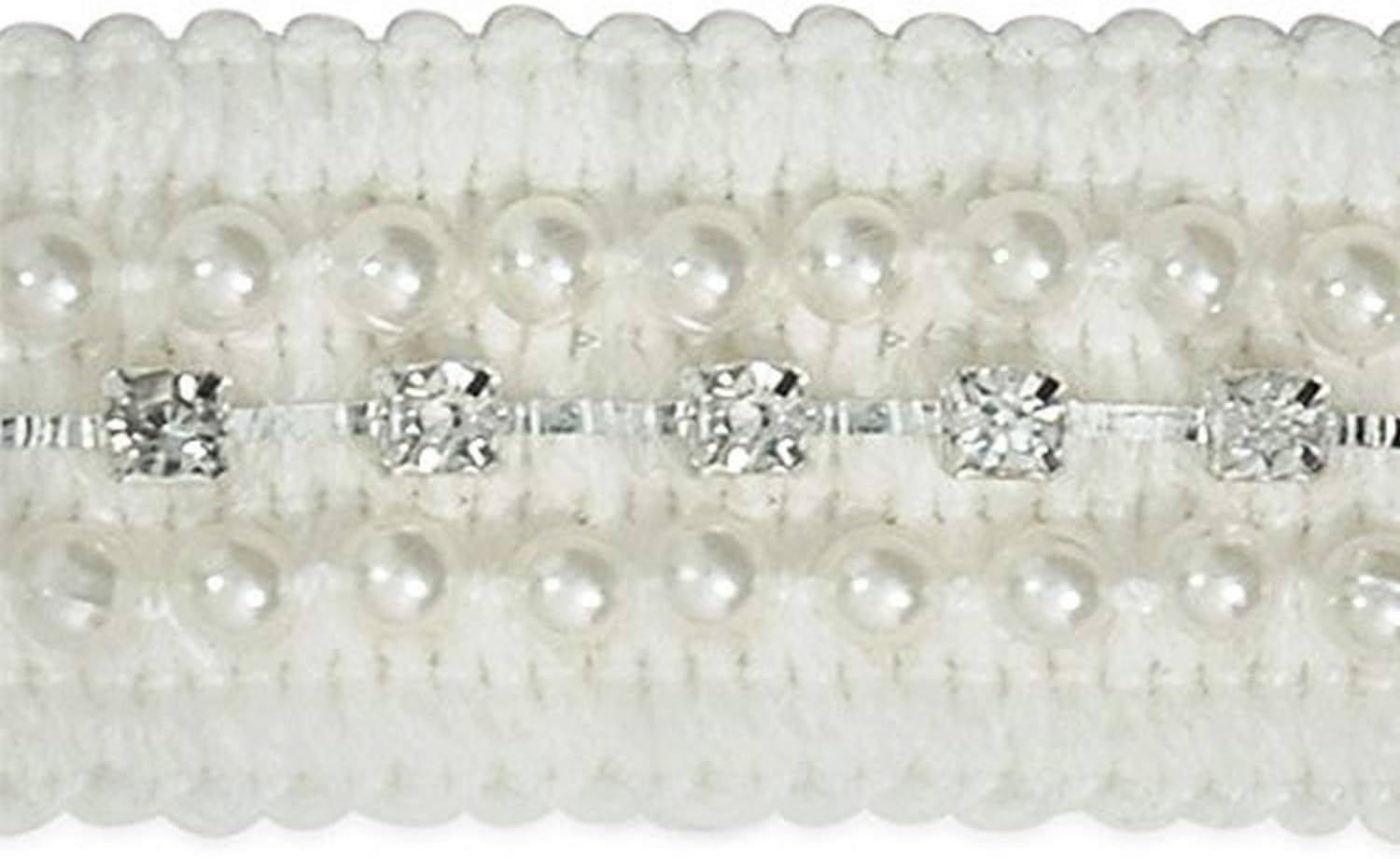 Trims by the Yard Reyna Woven Braid w/Pearl and Rhinestone White | (10 Yard Cut) Trim, 10 yd