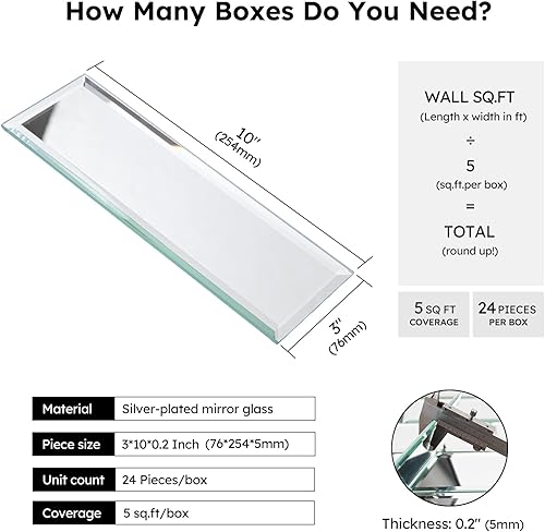 Miniatura 2 de Diflart Azulejos adhesivos de espejo para salpicaduras, plateado, 7.62x25.4 cm, azulejos de espejo biselado estilo metro para salpicadero de cocina