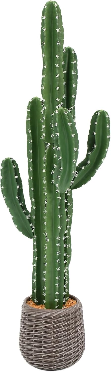 UV-Resistant Artificial Fake Cactus Plants 4ft – Tall Fake Cacti Outdoor Tree with Brown Decorative Planter – Large Faux Tropical Cactus for Indoor & Outdoor Home, Office, or Garden Decor