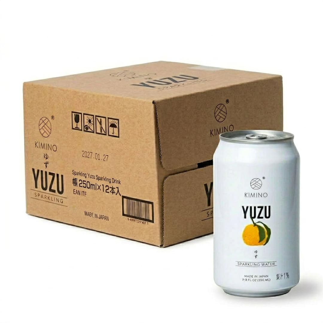 Kimino Sparkling Water Cans Yuzu Flavored - Japanese Sparkling Water Drink, Sugar Free Zero Calories, Hand-Picked Shikoku Yuzu, Only 2 Natural Ingredients, Healthy Alternative - 11.8 Fl Oz, 12 Pack