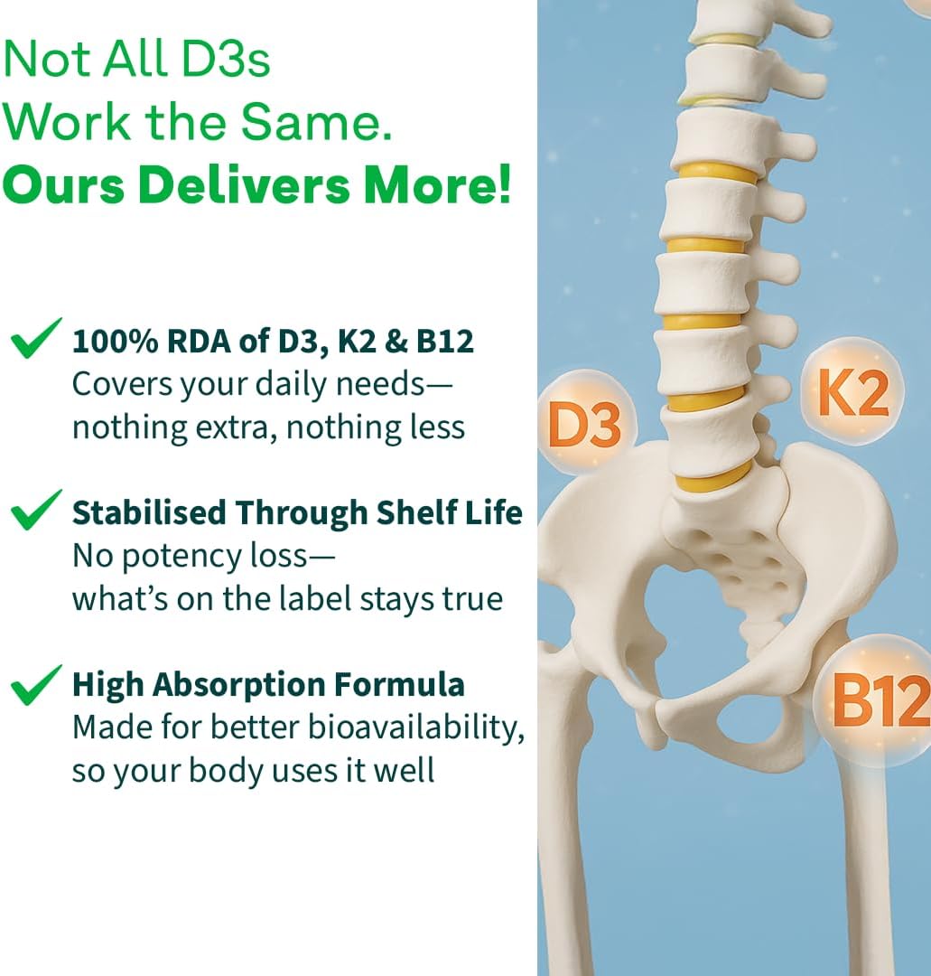 OZiva Vitamin D3, K2 & B12 | With Vitamin D3 For Stronger Bones, K2 (MK7) for Bone Density & B12 for Muscle Growth & Recovery - 180 Tablets (Pack 2)