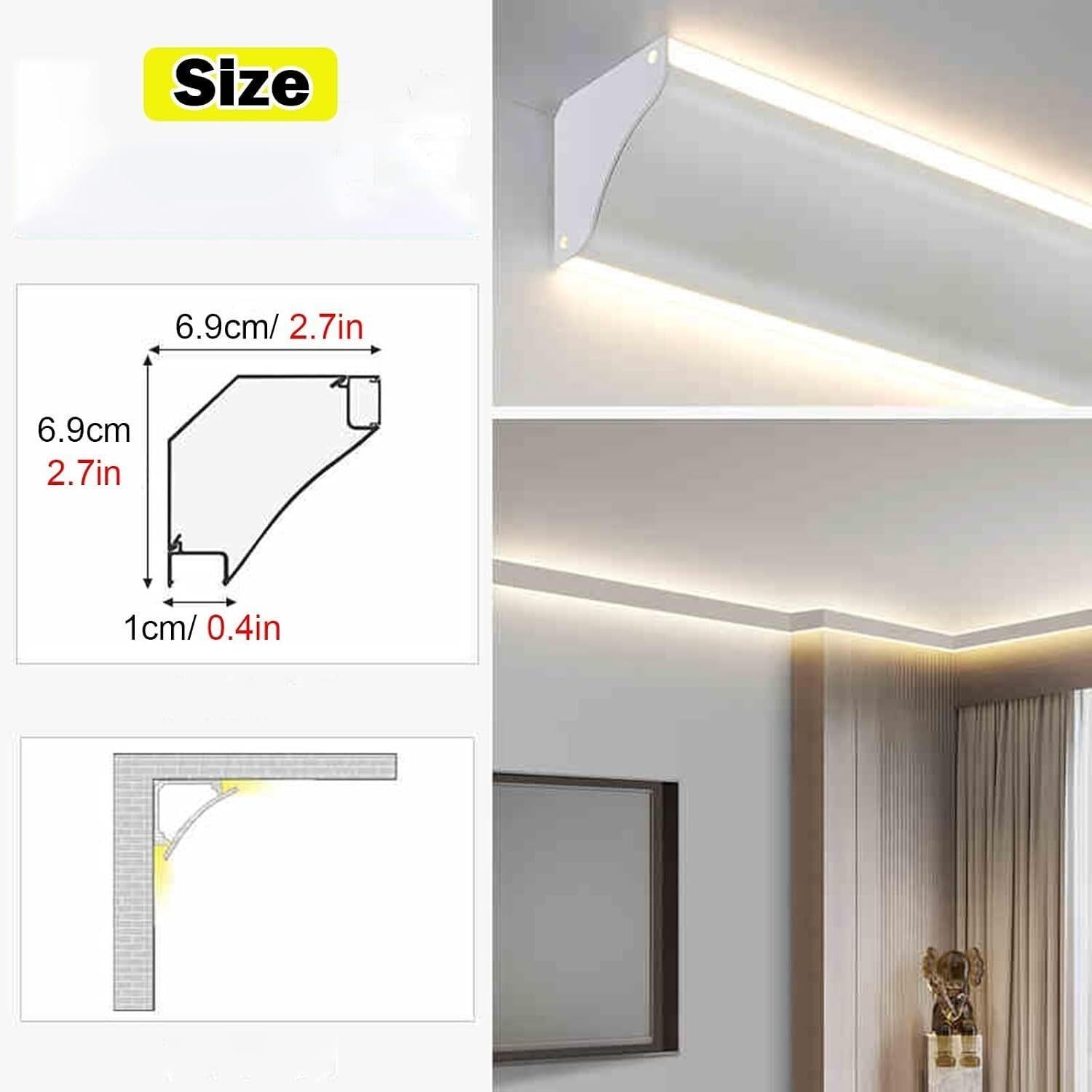Aluminiowy kanał LED z akcesoriami narożnymi, listwa koronowa do taśm LED, profil LED do montażu powierzchniowego do szafek schodowych Półka na książki Salon Sypialnia(70m/229.7ft)