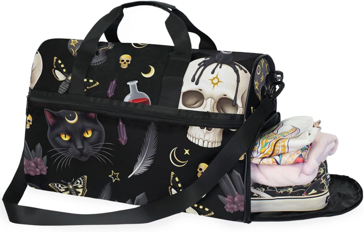 Travel Duffel Bags Black Cat Skull Moth Sports Duffel Bag Gym Bag Travel Luggage Overnight Bags for Men Women Duffel Bags with Adjustable Strap for Traveling
