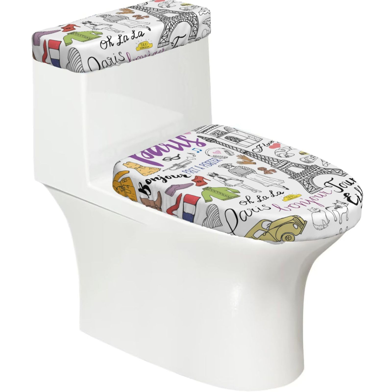 French Paris Tour Eiffel Tower Printed Toilet Tank and Lid Cover Set of 2 for Most Bathrooms, Fits Elongated Round Toilets