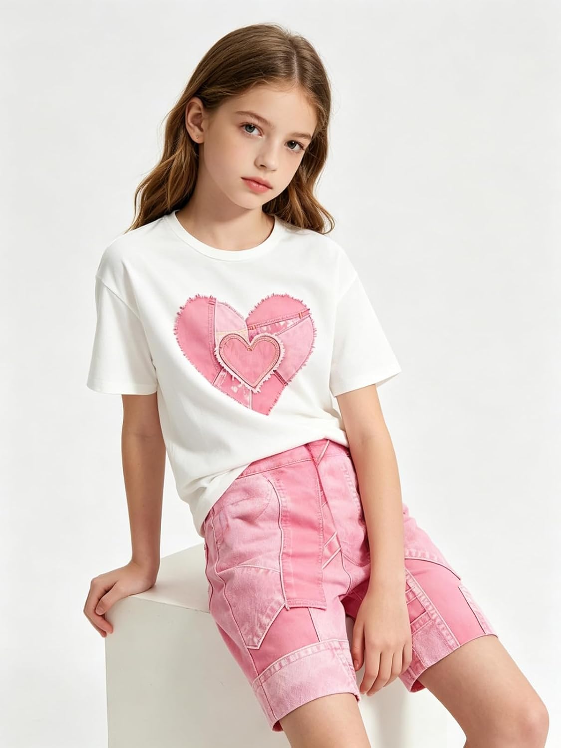 Size 7-14 Girls 2 Piece Summer Heart Print Short Set Teen Girl Outfits Girls Clothing Set