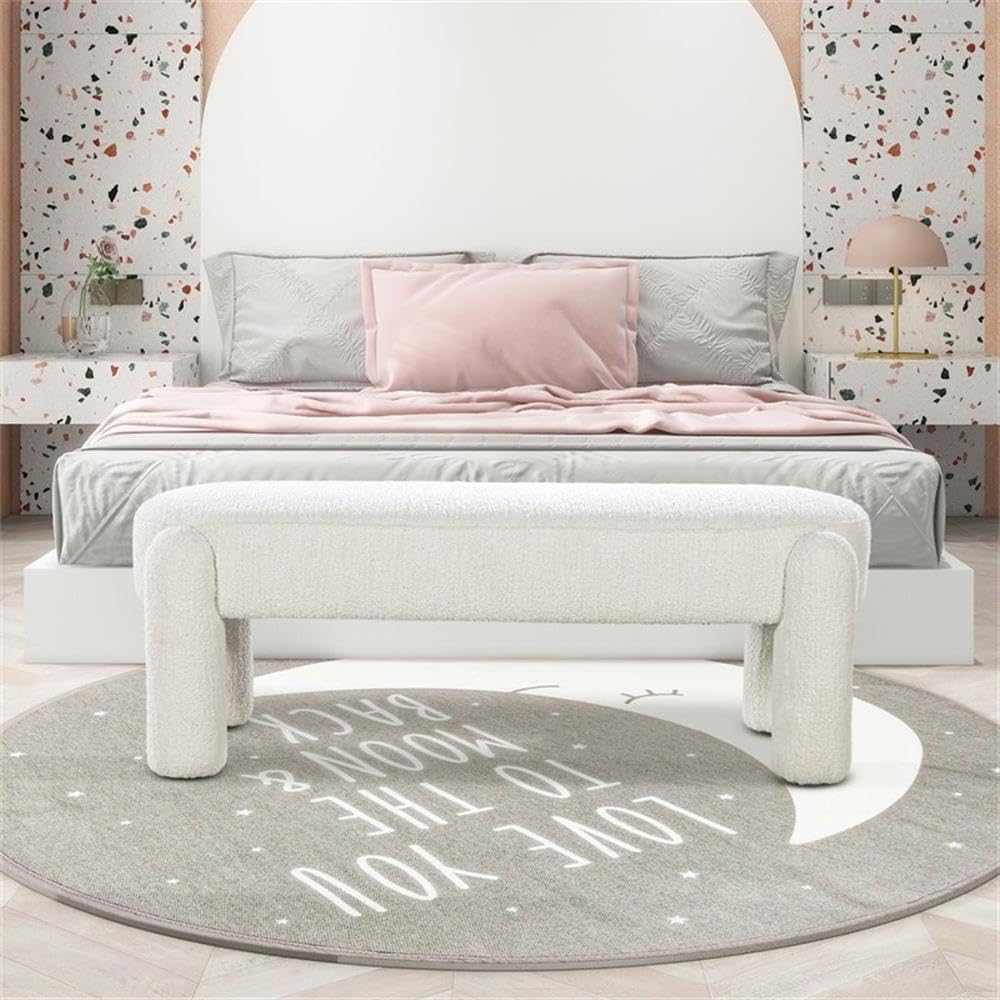 Pemberly Row 49" Oval Fully Upholstered Bench, Milk Cream White Boucle, Eucalyptus Wood Frame, Contemporary Rounded Dowel Legs, Textured Seat for Living Room, Bedroom, or Kids Room