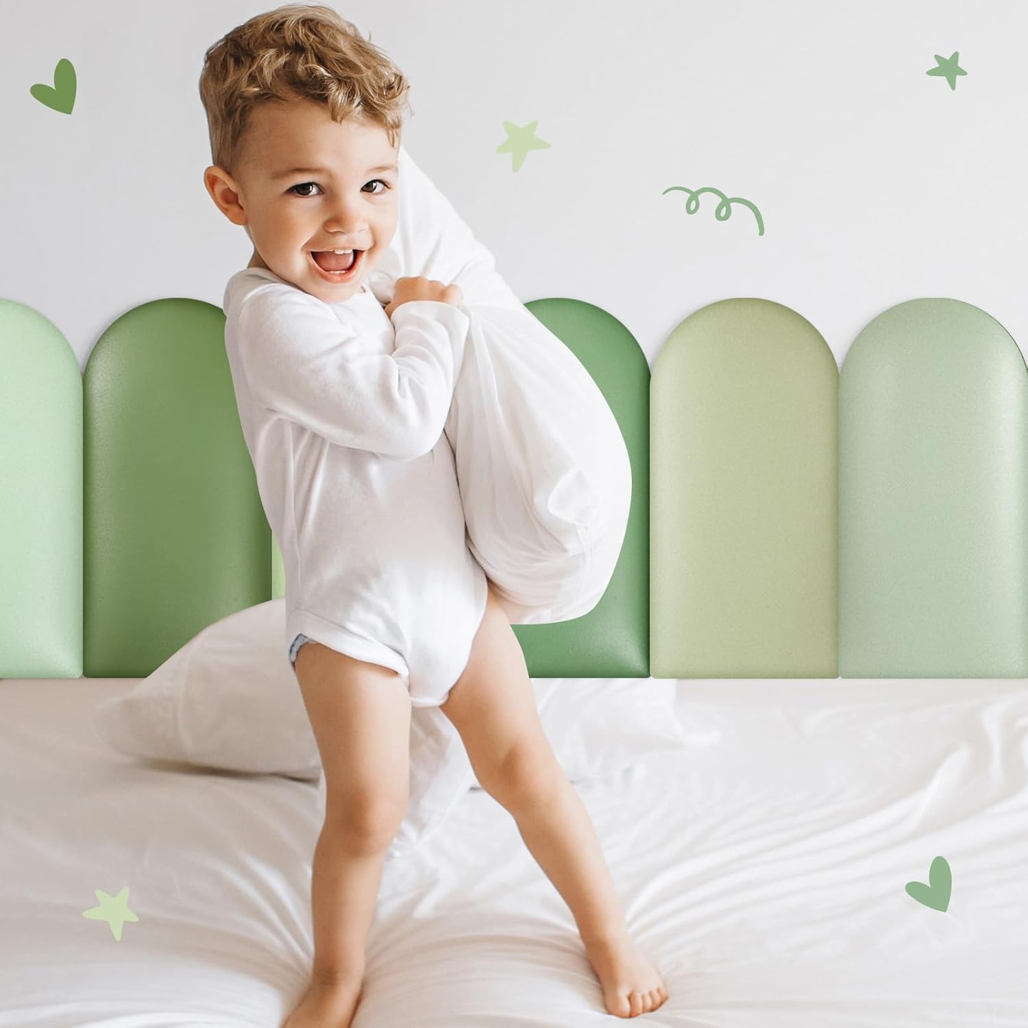 Jetec 6 Pcs Wall Padding for Kids with Autism Playroom Anti Collision 3D 15. 75 x 7. 87 Inch Peel and Stick Headboard Upholstered Wall Panels for Nursery Protection(Green Series)