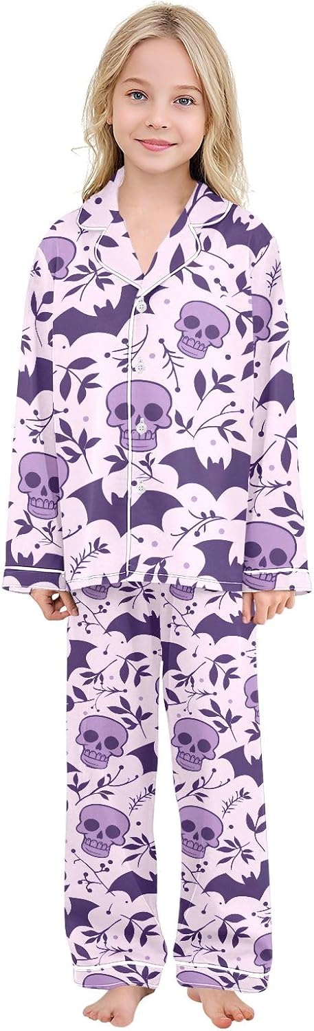 Kids Casual Satin Wear Set Skull Bat Leaf Purple Pattern Unisex Relaxed Fit Clothing