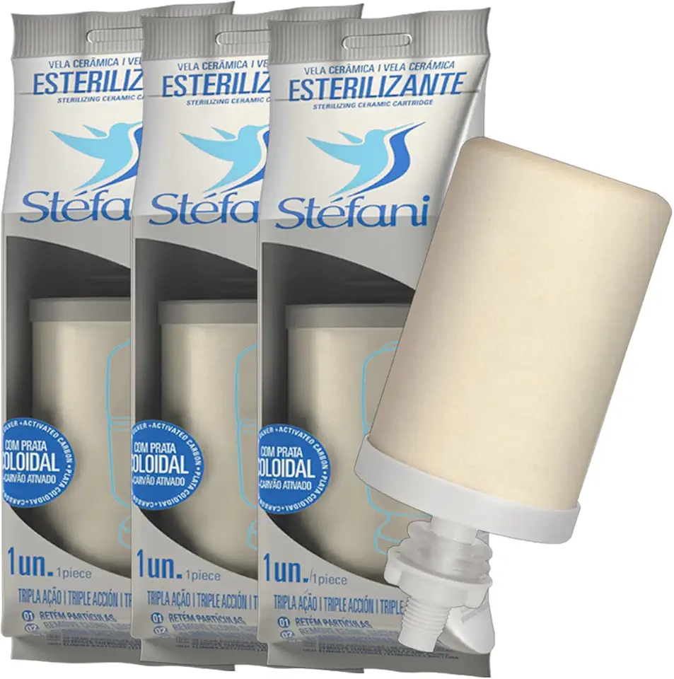 Kit 3 Velas Tripla Ação Stéfani para Filtro de Barro e Gravidade | Carvão Ativado + Prata Coloidal | Refil Universal | Reduz Cloro, Odores e Impurezas