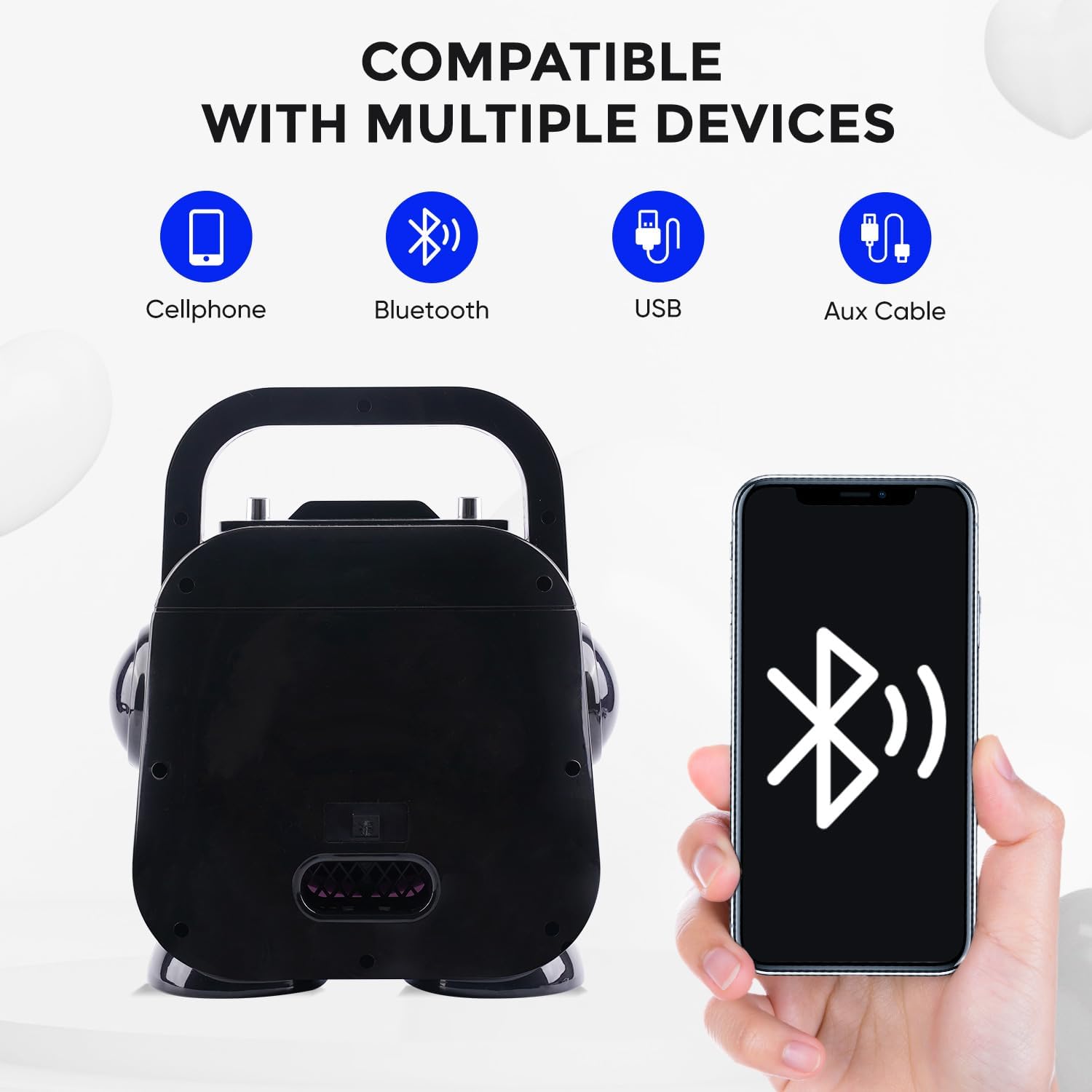 DYNASONIC DK-201 speaker showing compatibility with cellphone, Bluetooth, USB, and Aux Cable
