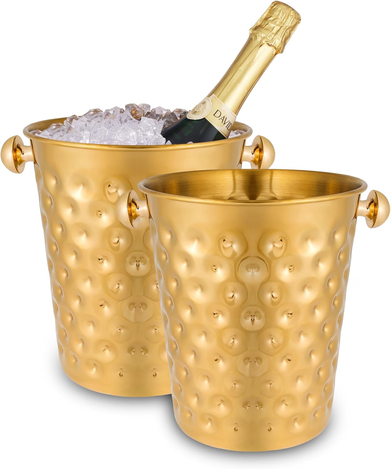 BARsics 5-Quart Metal Golden Champagne Bucket, Hammered Mirror Finish Stainless Steel Ice Bucket for Party, Wedding, Banquet (Gold/Pack of 2)