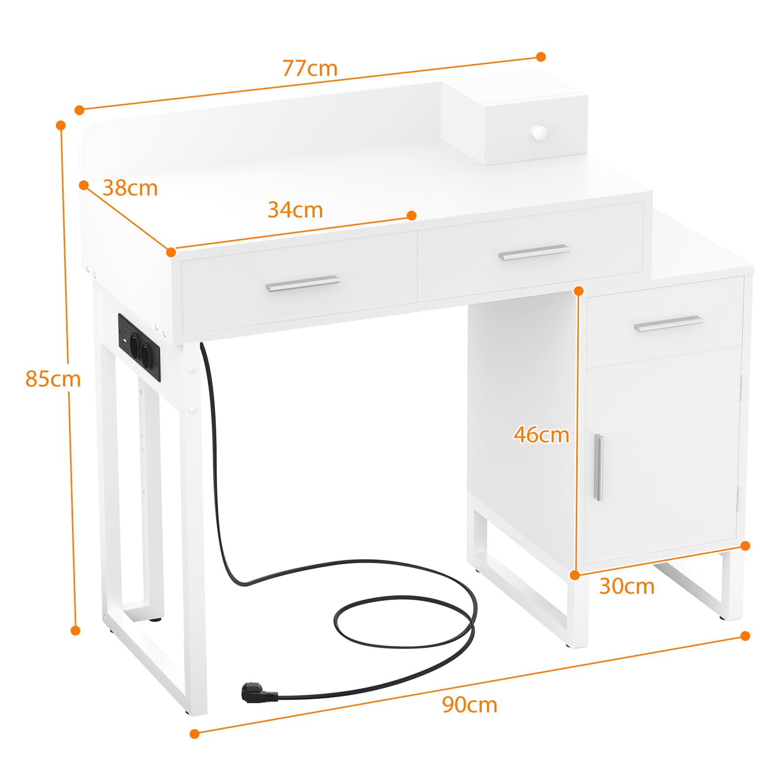 iSunirm Schminktisch ohne Spiegel, Kleiner Kosmetiktisch Weiß mit Steckdosen & 2 USB-Ports, Frisiertisch mit 4 Schubladen und reversiblem Seitenschrank, Vanity Desk/Schreibtisch für Schlafzimmer