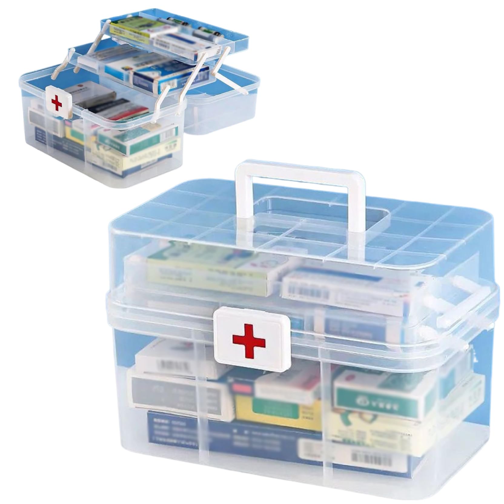 Scatola portaoggetti per medicinali, scatola portaoggetti multiuso pieghevole a tre strati, organizer artistico in plastica trasparente, pronto soccorso portatile con maniglia per casa, ufficio, orga