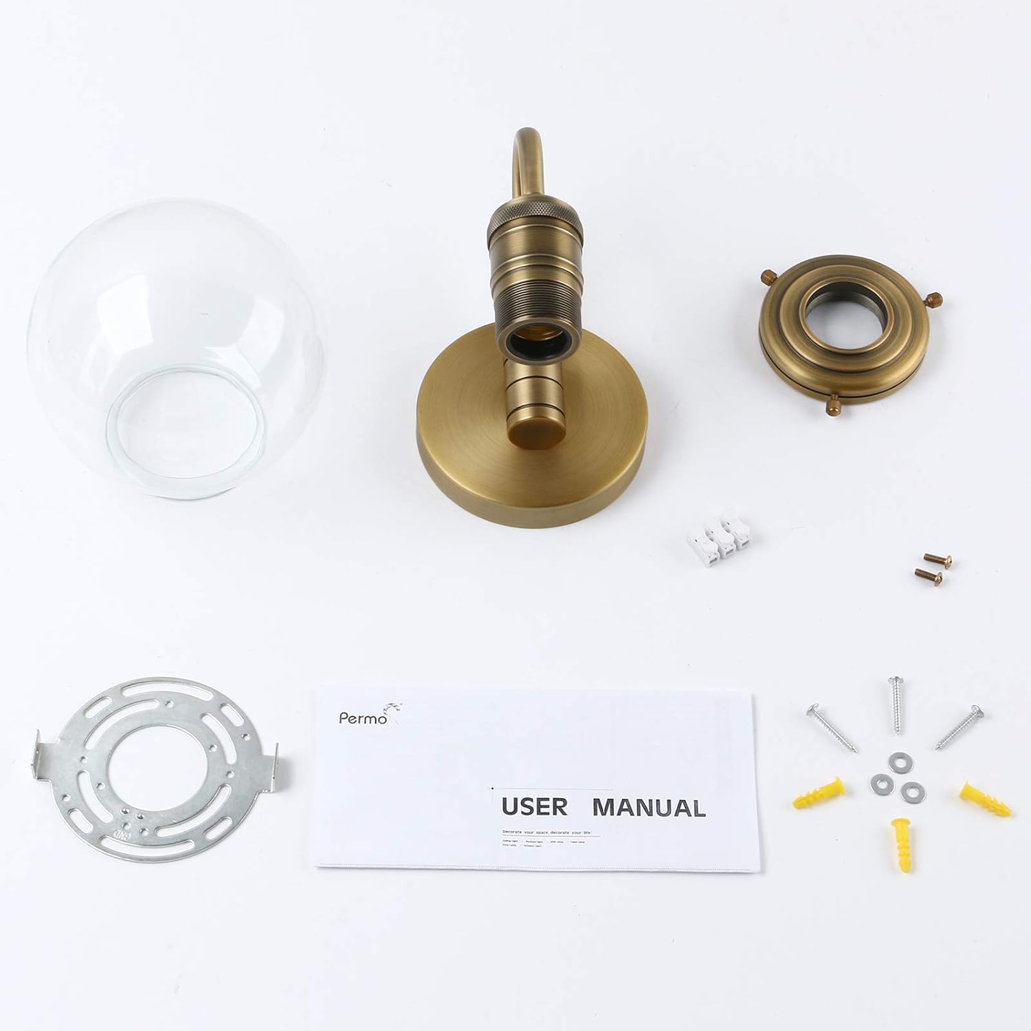 Yosoan 1-Light Brass Modern Vintage Indoor Wall Sconce, Vanity Single Luxury Hardwired Retro Textured Clear Round Globe Glass Shade with Industrial Gooseneck Curved Rod Bathroom Lamp(Antique)