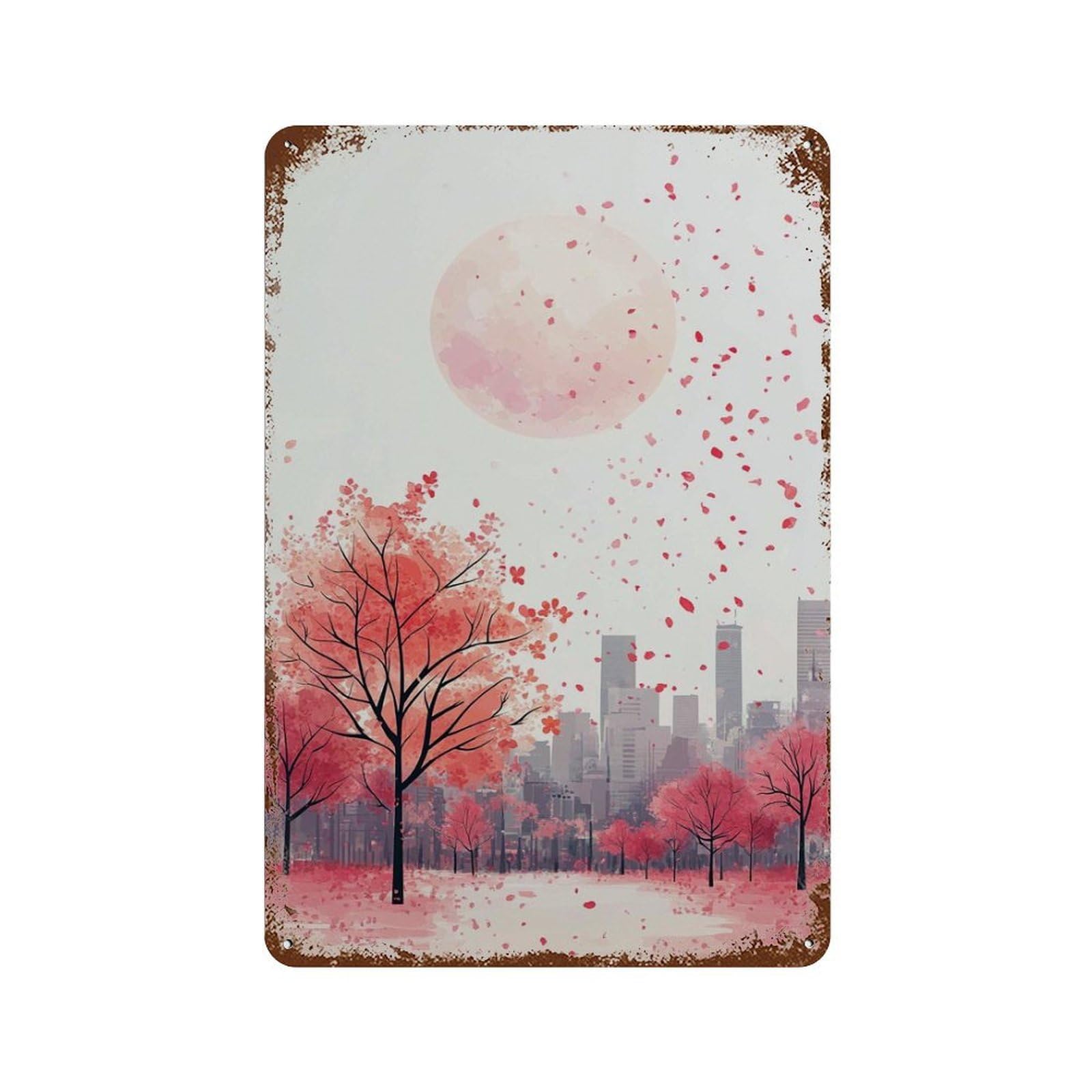 xiaoxiaoshen Cherry Blossom City Pink Urban Landscape Modern Sakura Cityscape Wall Decor Art Metal Tin Poster Modern Home Decor Art Home Bar Shop Decorations Vintage Sign 30x20cm