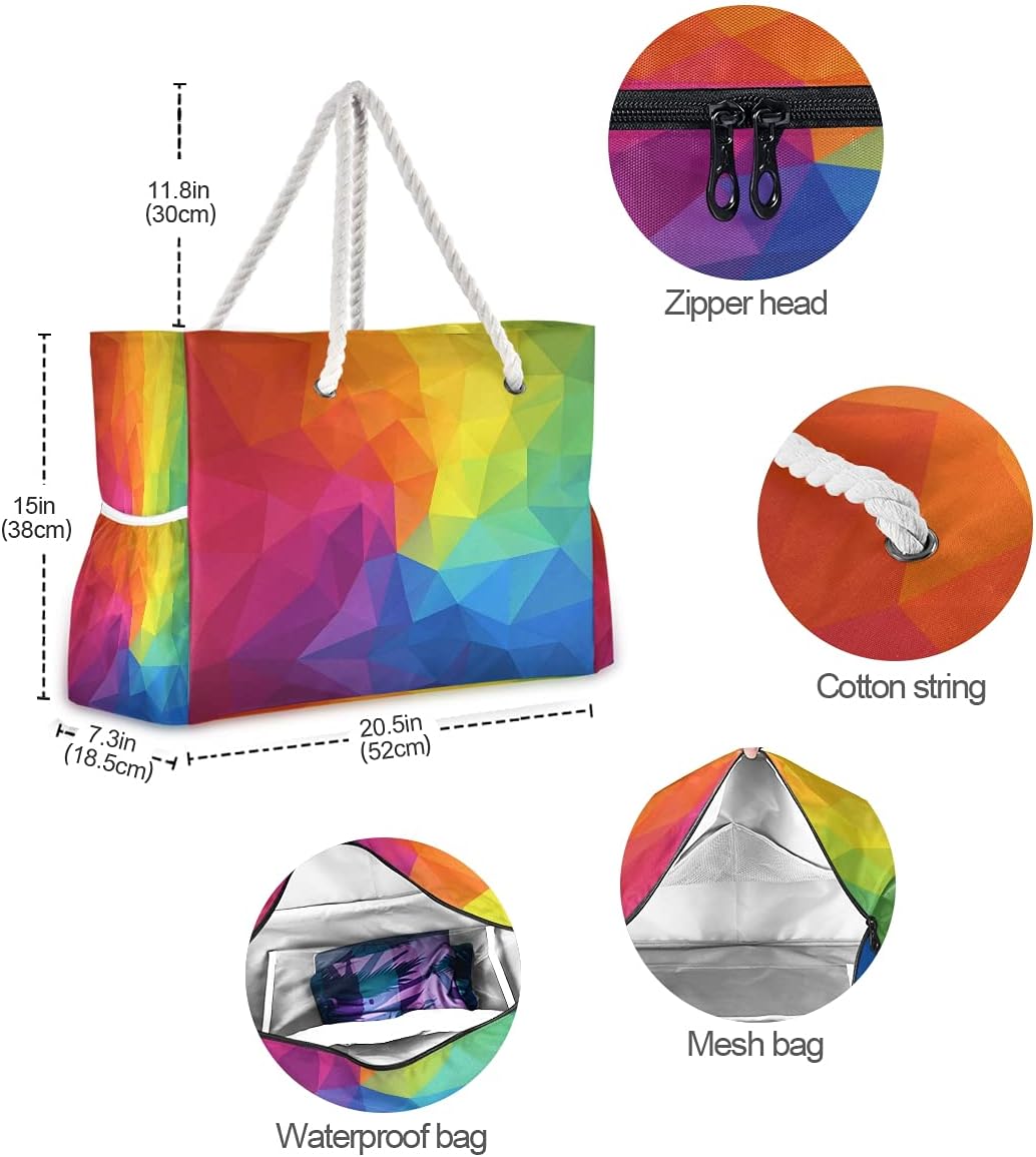 Large Beach Bag Tote, Geometric Rainbow Triangle Beach Bags Waterproof Large Pool Bag Shoulder Travel Tote Bags With Zipper for Women Gym