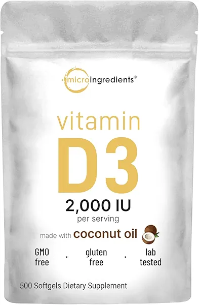 Micro Ingredients Vitamin D3 2,000 IU, 500 Softgels | Virgin Coconut Oil | Cholecalciferol Form | Bone, Immune & Heart Support | Easy to Swallow, Non-GMO