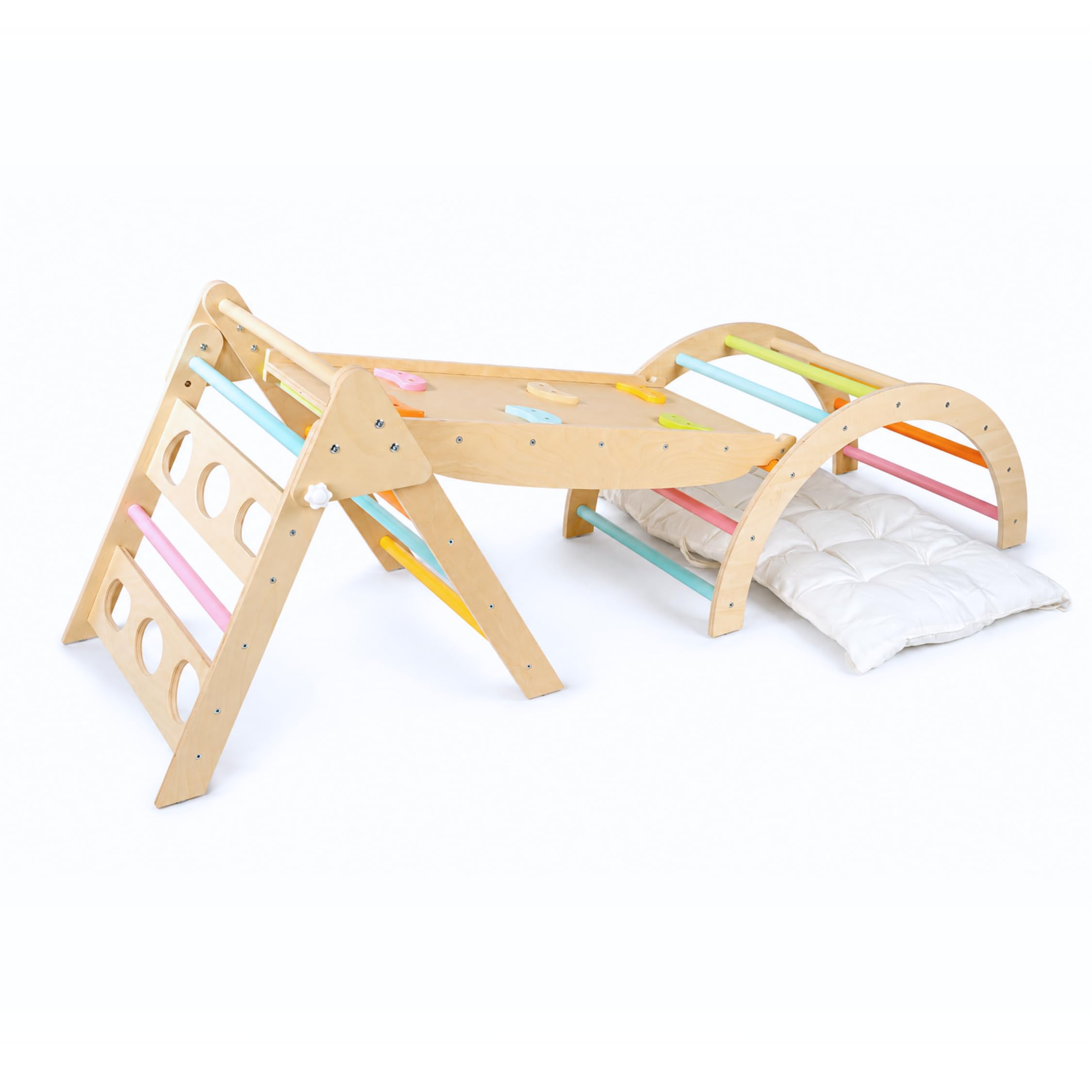 Kids Klettergerüst 6-in-1 Holz Pastellfarben | Pikler Kletterdreieck, Kletterbogen, Rutsche & Kissen | Zusammenklappbar | Montessori Spielzeug 1-5 Jahre
