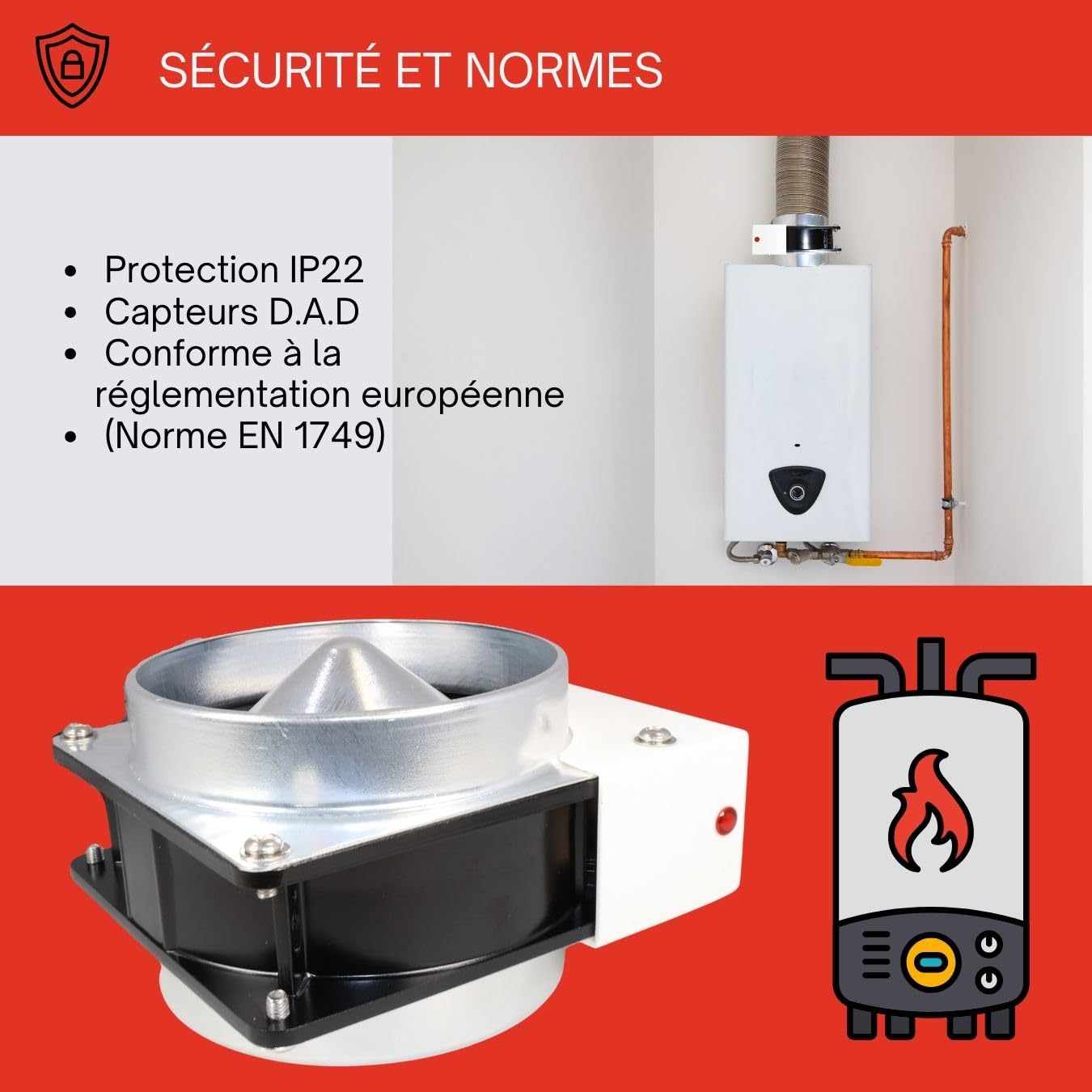 Kit d’Évacuation des Fumées pour Chaudières et Chauffe-Eau à Gaz ACS | Extracteur de Fumées à Tirage Forcé avec Déflecteur et Capteur de Sécurité | 19W 220V