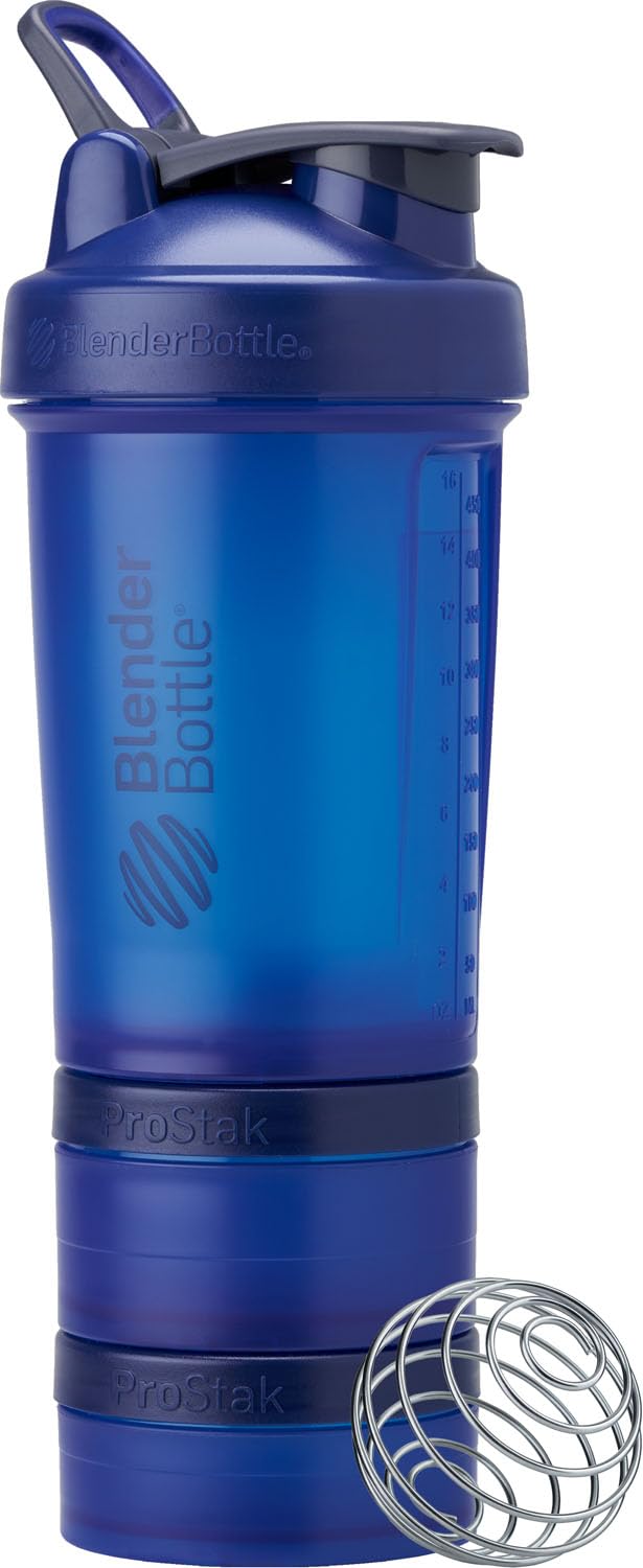 Blender Bottle – Shaker avec pilulier et rangement pour poudre de protéine, système Classic V2 ProStak – 650 ml, bleu