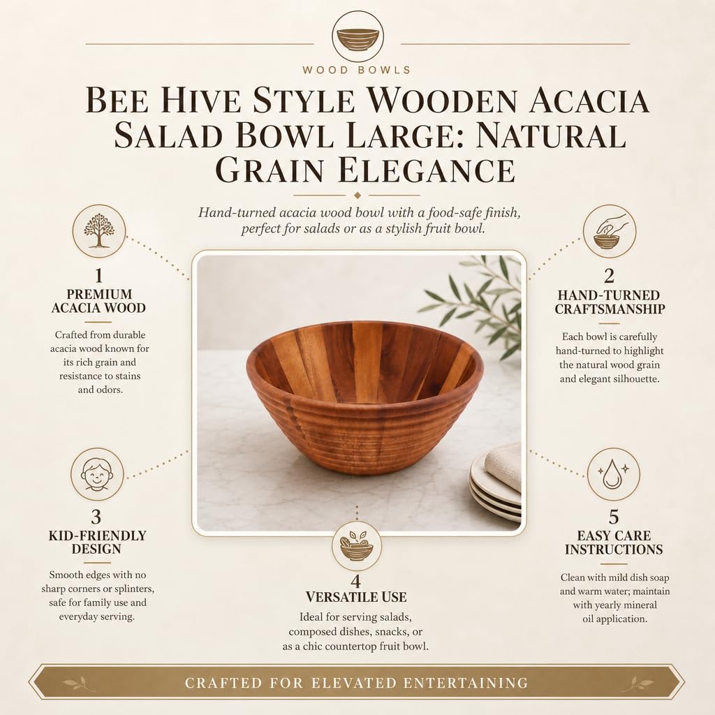 Arthur Court Ensaladera grande de madera de acacia estilo colmena, cuenco único para servir frutas, aperitivos y ensaladas, 5 pulgadas de alto x 12 pulgadas de diámetro