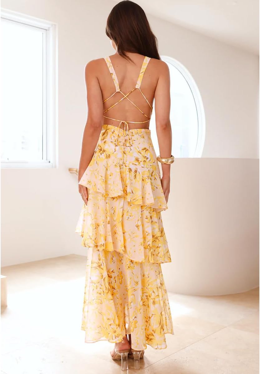 Women's Floral Maxi Dress Sexy Deep V Neck Backless Ruffles Dresses Beach Party Wedding Guest Dress - Image 3
